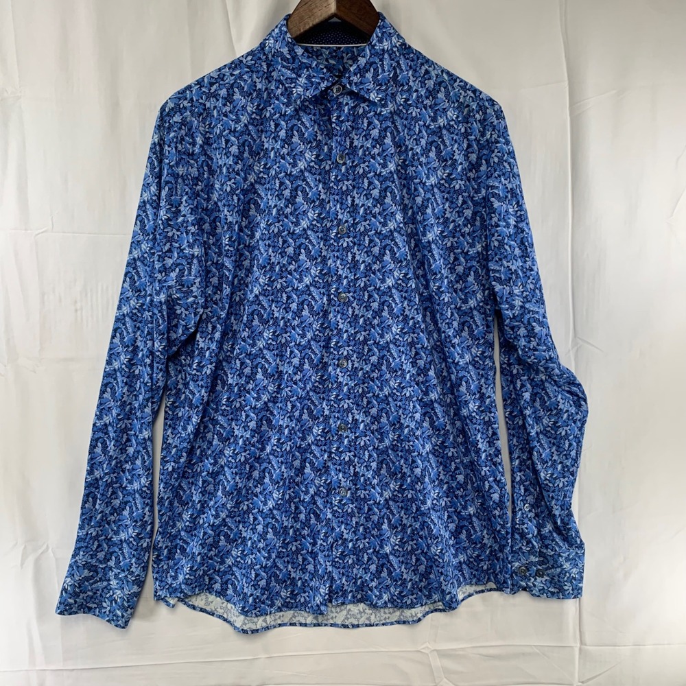 Bugatchi Button Up Shirt Mens Small Blue Floral Leaf Print Classic Fit‎ Nylon